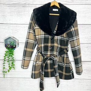 Ellen Reyes Black & Tan Plaid Belted Coat Jacket w/ Faux Fur Collar Size Medium